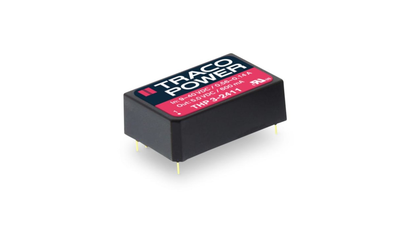 TRACOPOWER THP 3 DC-DC Converter, 5V dc/ 600mA Output, 9 → 40 V dc Input, 3W, Through Hole, +85°C Max Temp -40°C