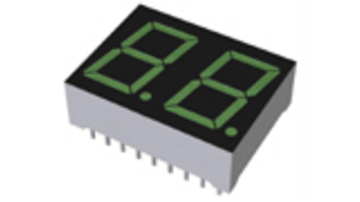 ROHM 2位LED数码管, 绿光, 7段, 共阳, 2.6 V正向, 896mW, 25 x 19 x 8mm, 通孔安装, LBP-602A2系列