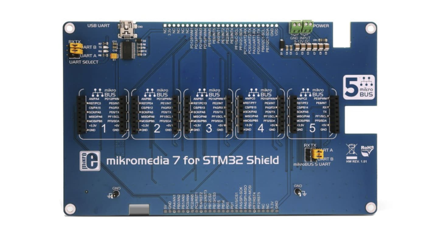 MikroElektronika MIKROE-2812, mikromedia 7 for STM32 Shield With five mikroBUS™ sockets for STM32F4, STM32F7
