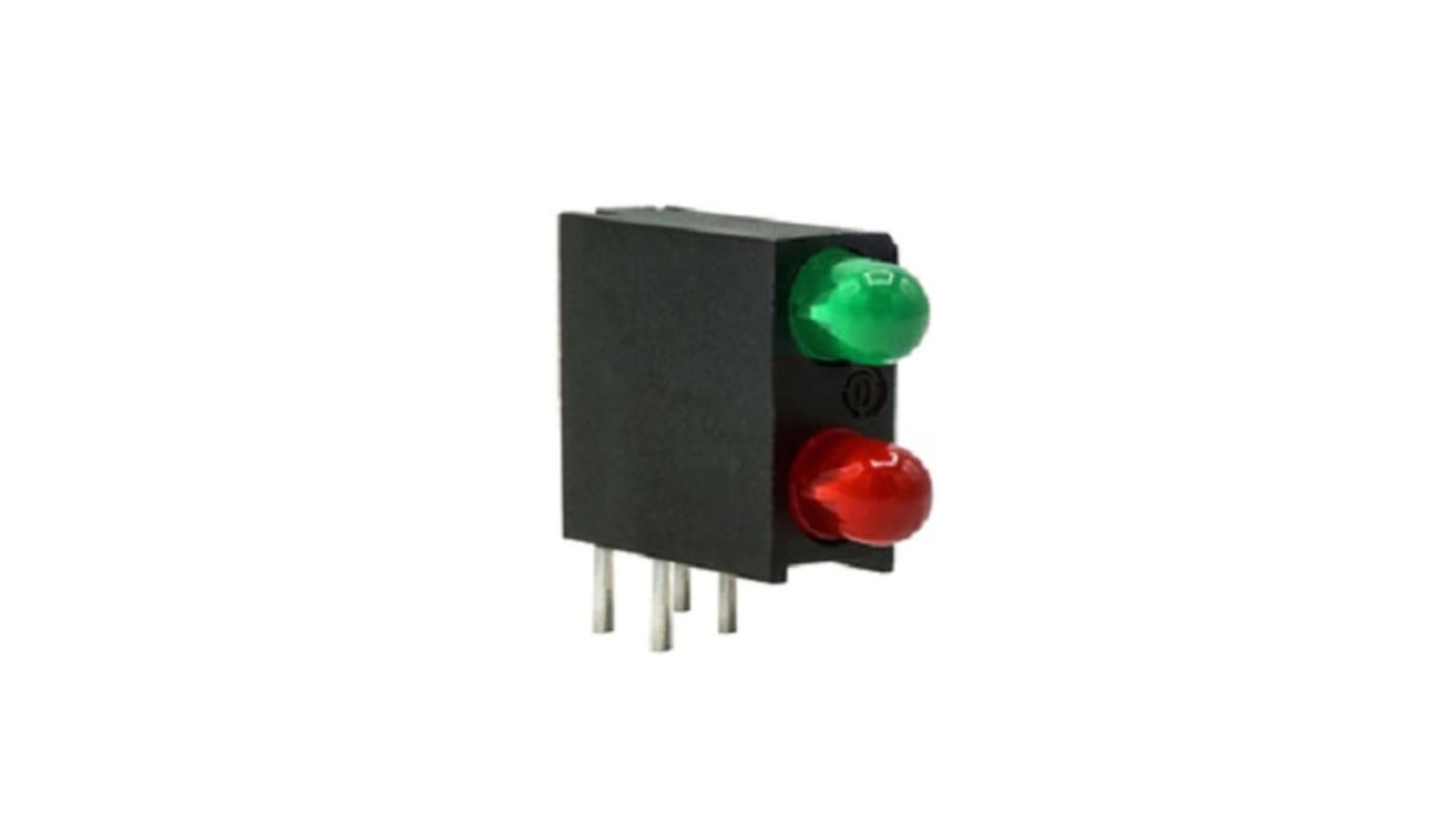 Indicador LED para PCB a 90º Dialight verde y rojo, λ 565 / 635 nm, 2 LEDs, 20 V, 60°, dim. 8.1 x 4.3 x 9.7mm, mont.