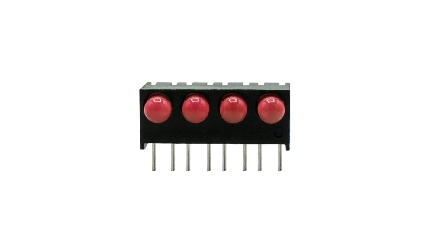 Indicador LED para PCB a 90º Dialight Rojo, λ 635 nm, 4 LEDs, 1,7 V, 60°, dim. 17.27 x 8.89 x 7.11mm, mont. pasante