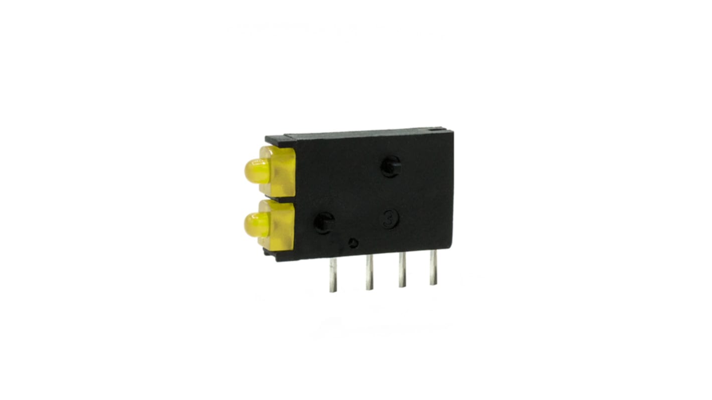 Dialight PCB指示灯, 黄光, 直角2灯珠, 通孔安装, 4针, 2.1 V, 15.24 x 2.5 x 8.6mm
