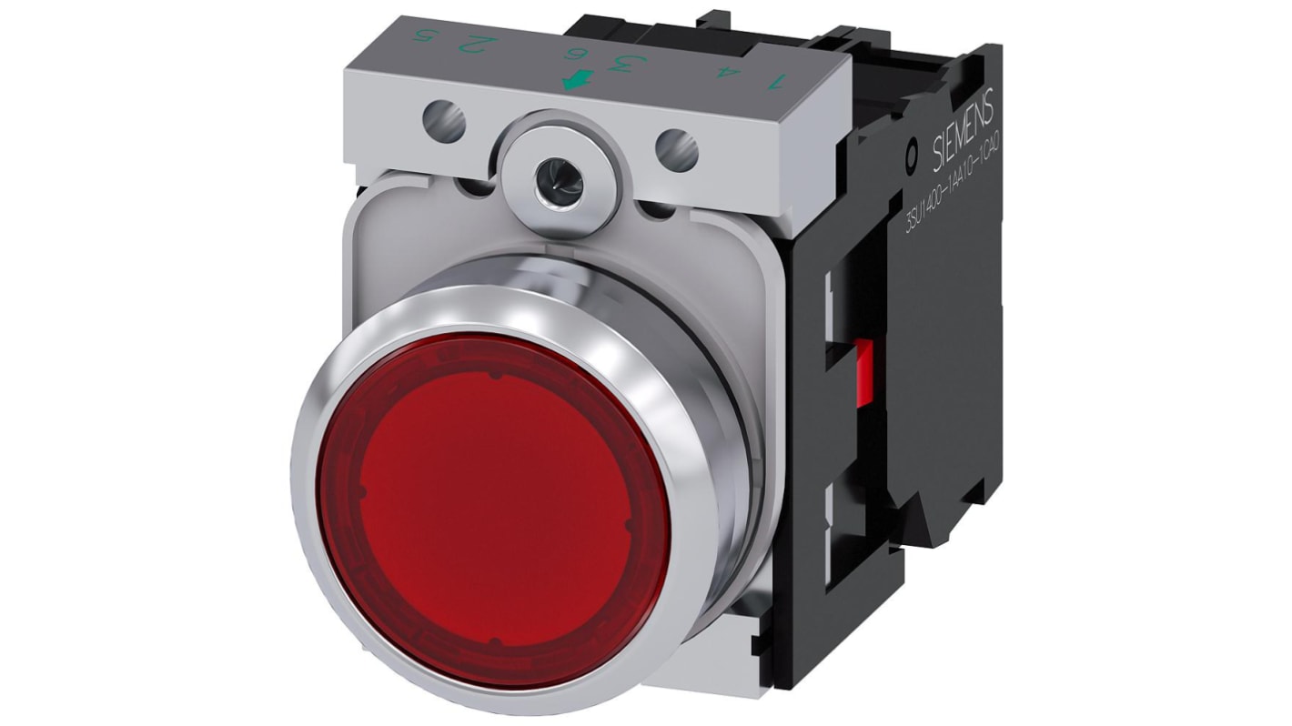 Siemens SIRIUS ACT 3SU11 Series Illuminated Push Button Complete Unit, Momentary, Panel Mount, 22mm Cutout, SPST, Red