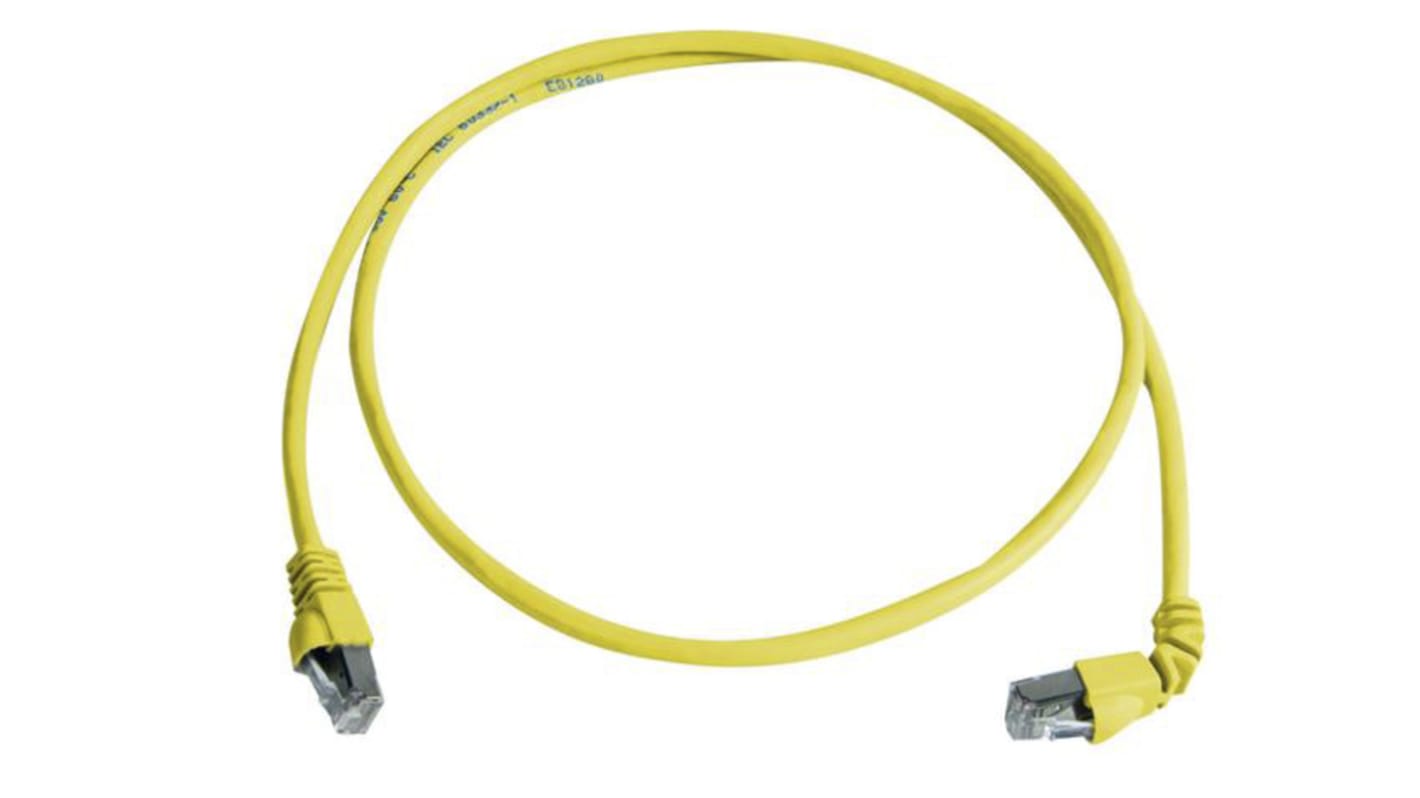 Telegartner Cat6a Right Angle Male RJ45 to Male RJ45 Ethernet Cable, S/FTP, Yellow LSZH Sheath, 0.5m