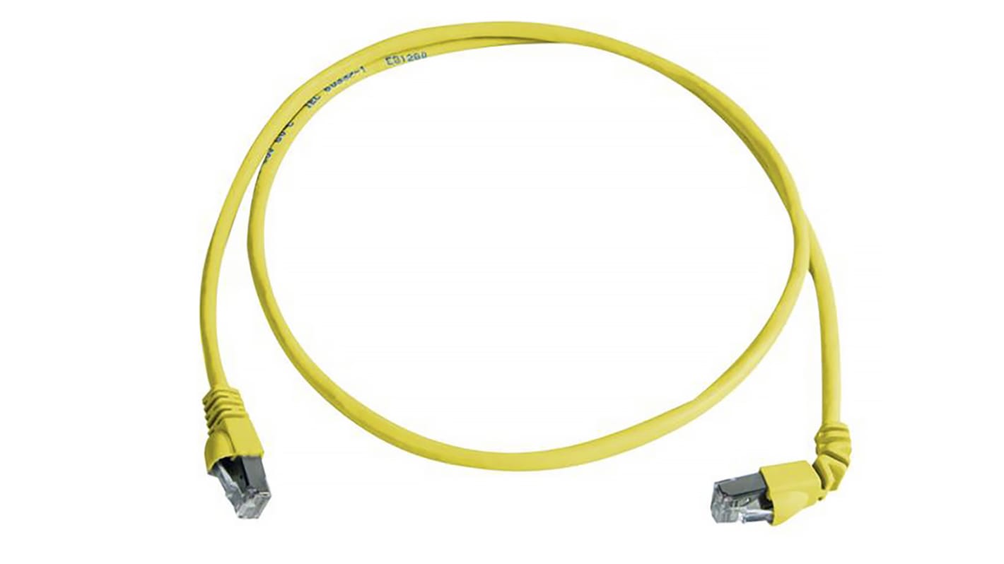 Telegartner Cat6a Right Angle Male RJ45 to Male RJ45 Ethernet Cable, S/FTP, Yellow LSZH Sheath, 2m