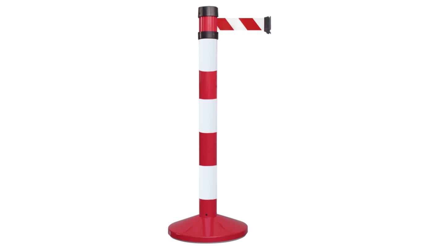 RS PRO Einziehbarer Absperrposten Stahl Rot, Weiß Sicherheits-Absperrung, H.Barr. 980mm B. Barr. 50mm L.Band 4m