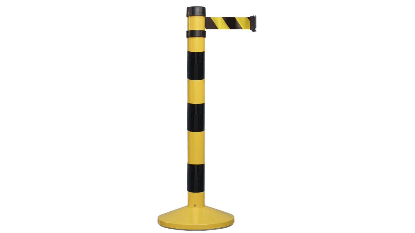 RS PRO Einziehbarer Absperrposten Stahl Schwarz, Gelb Sicherheits-Absperrung, H.Barr. 980mm B. Barr. 50mm L.Band 4m