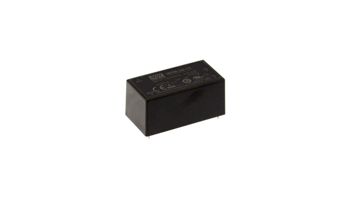 MEAN WELL Switching Power Supply, MPM-20-24, 24V dc, 900mA, 21.6W, 1 Output, 80 → 264V ac Input Voltage