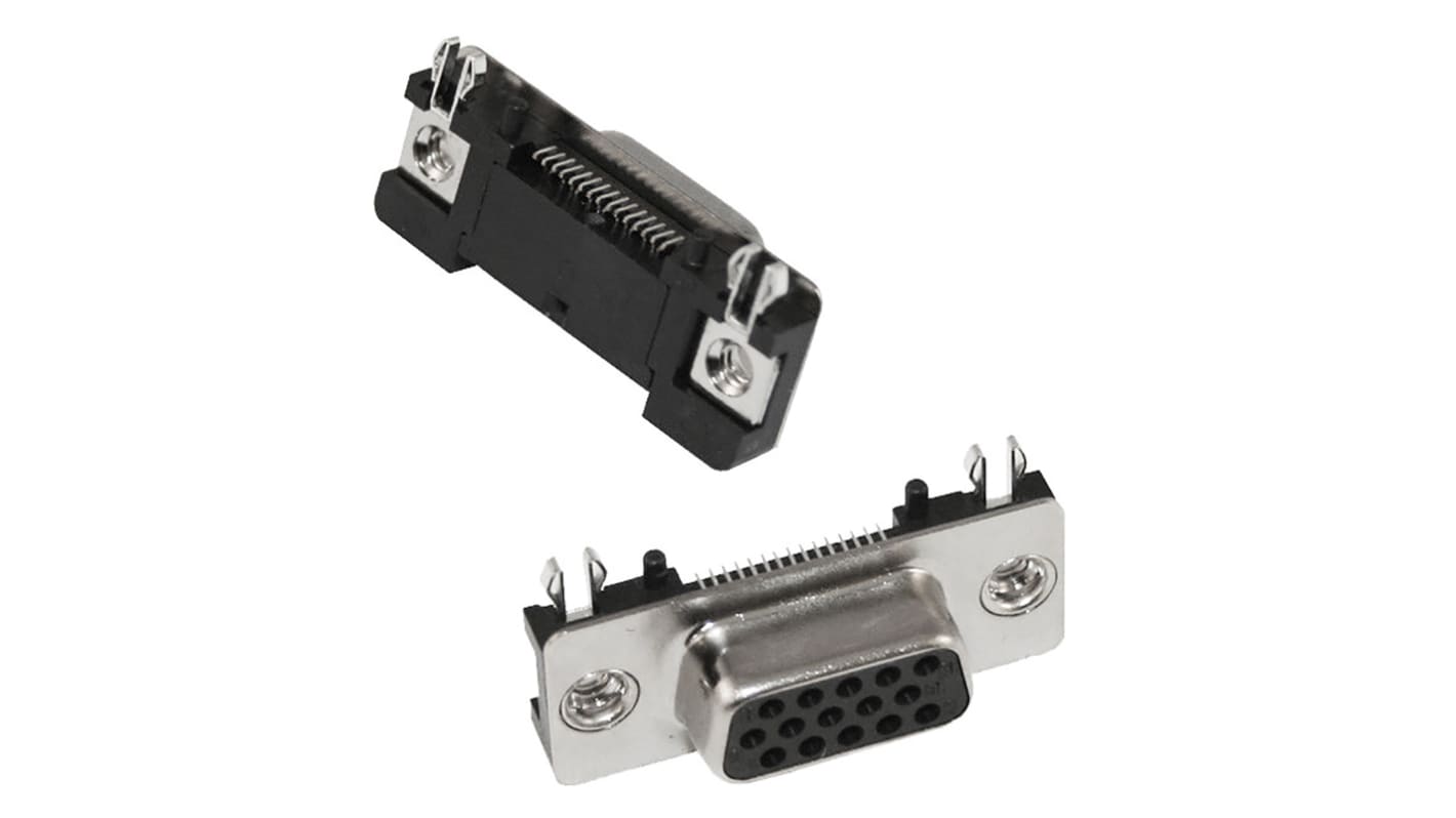 Conector D-sub Norcomp, paso 2.29mm, Ángulo de 90° D-Sub de alta densidad, SMT, Hembra, Terminación Soldador, 300,0 V,