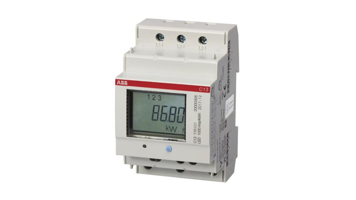 Medidor de energía ABB serie C13, display LCD, con 6 dígitos, precisión 1 %, 3 fases, dim. 54mm x 26.5mm