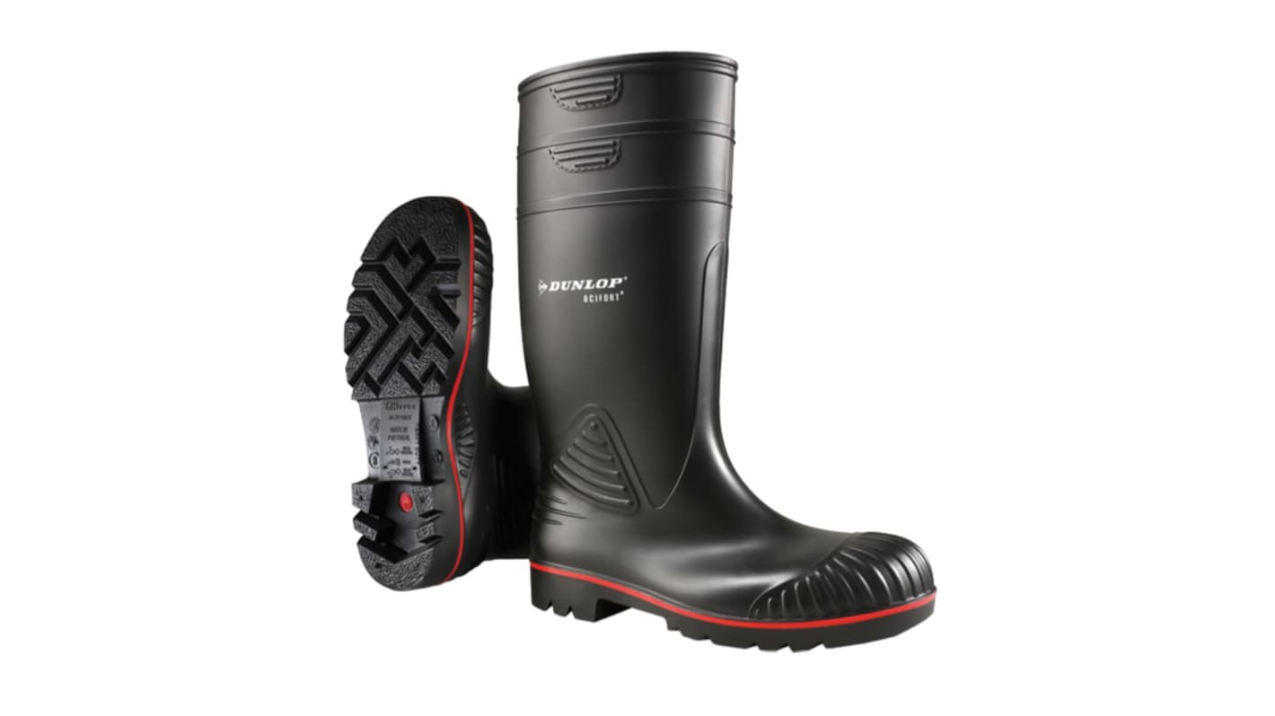 Dunlop 防水防滑防静电安全靴, 不锈钢包头, 男款, 黑色，红色, 欧码43, Acifort系列