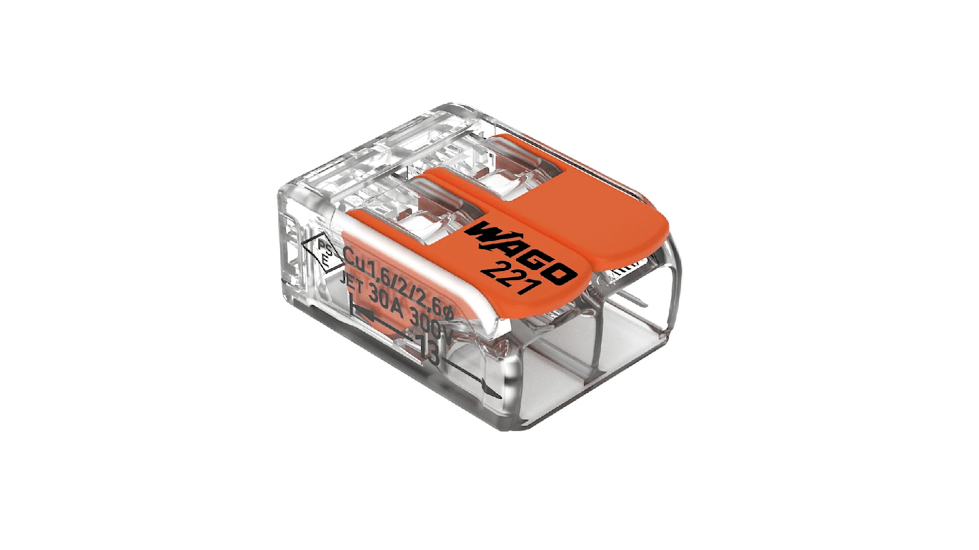 WAGO 221 Series Lever Connector, 2-Way, 41A, 20 → 10 AWG Wire, Cage Clamp Termination