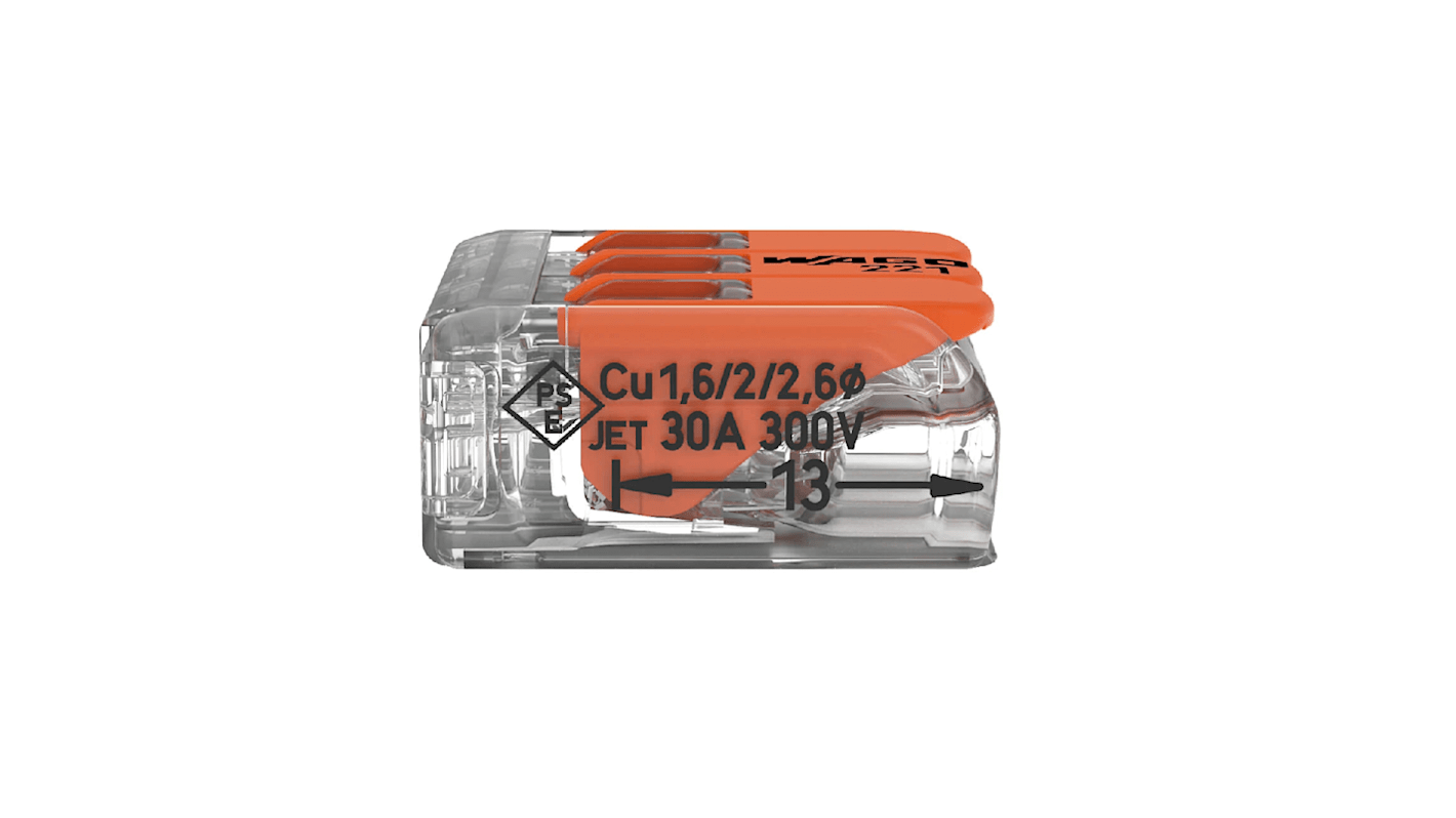 WAGO 221 Series Lever Connector, 3-Way, 41A, 20 → 10 AWG Wire, Cage Clamp Termination