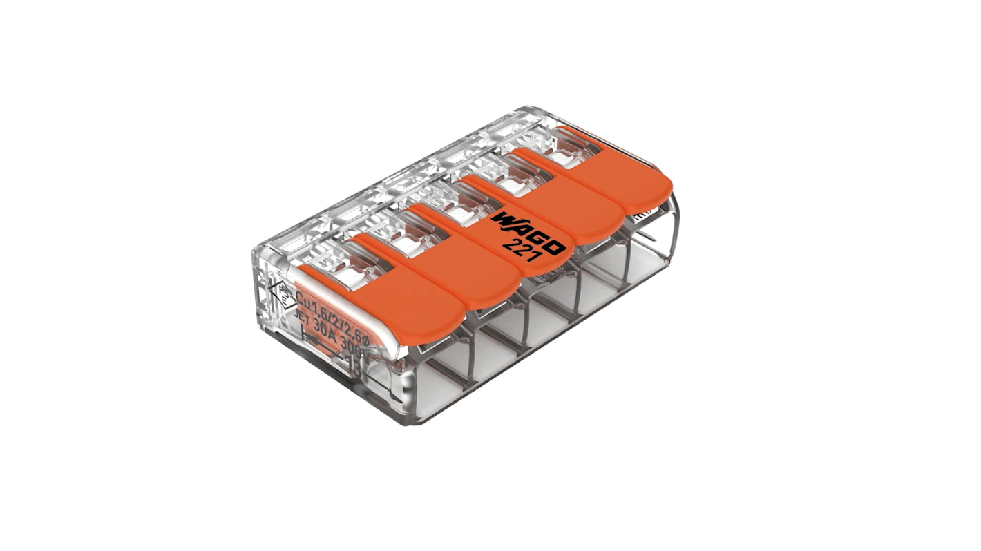 WAGO 221 Series Lever Connector, 5-Way, 41A, 20 → 10 AWG Wire, Cage Clamp Termination