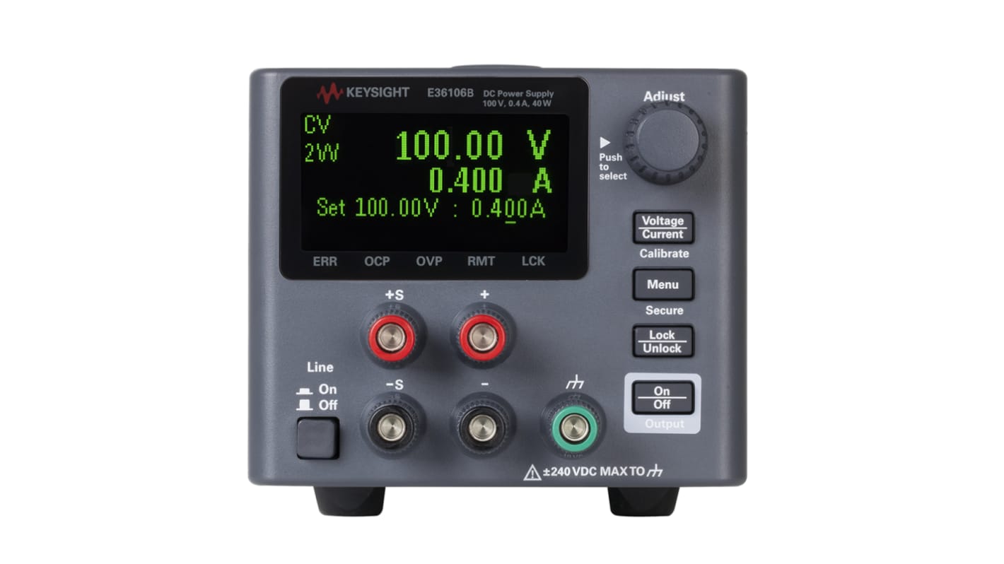 Fuente de alimentación Keysight Technologies E36106B, calibrado UKAS, 1 salida, 100V dc, 400mA, 40W