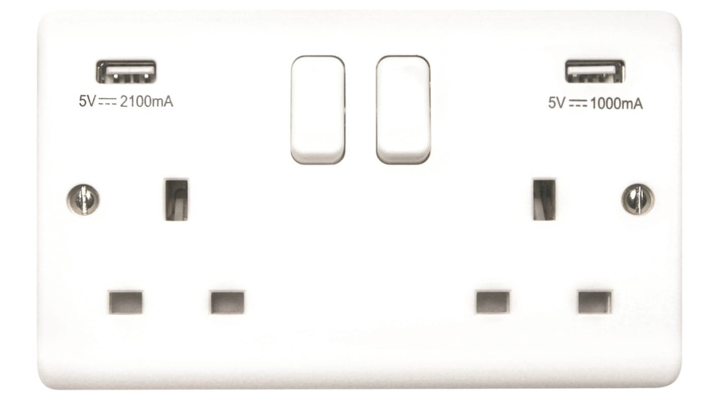 Gniazdo wtykowe Typ G - brytyjski, USB Montaż ścienny Contactum ścieżki: podwójne z przełącznikiem 3.1A Zacisk śrubowy