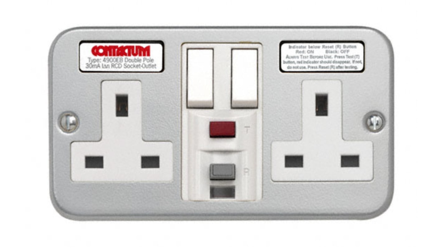 Contactum 13A, BS 7288 Fixing, Active, 2 Gang RCD Socket, Wall Mount , Switched, IP2X, 230 V ac, Grey, Screwed