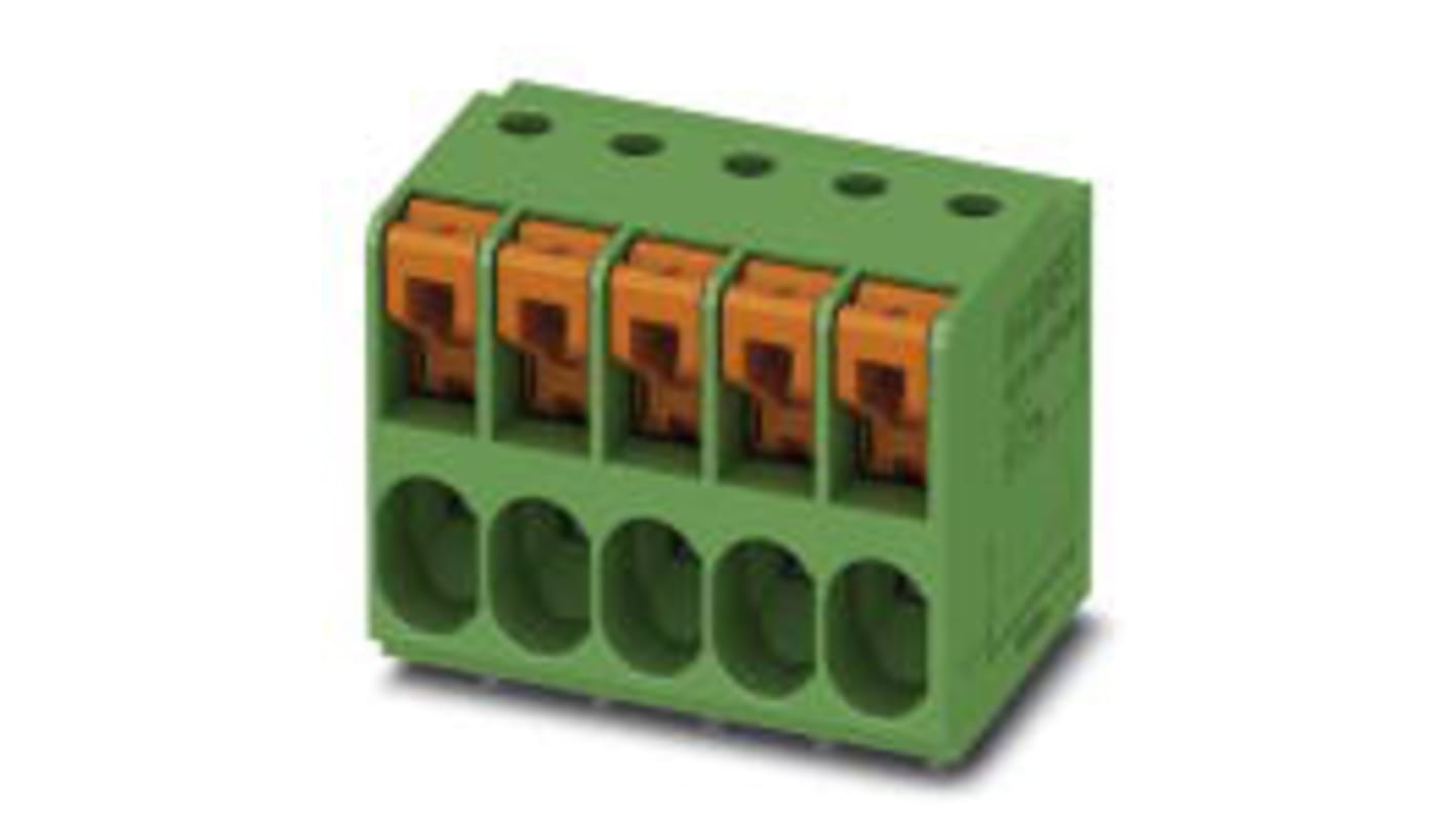 Phoenix Contact TDPT 2.5/ 5-SP-5.08 Series PCB Terminal Block, 5-Contact, 5.08mm Pitch, Through Hole Mount, 1-Row,