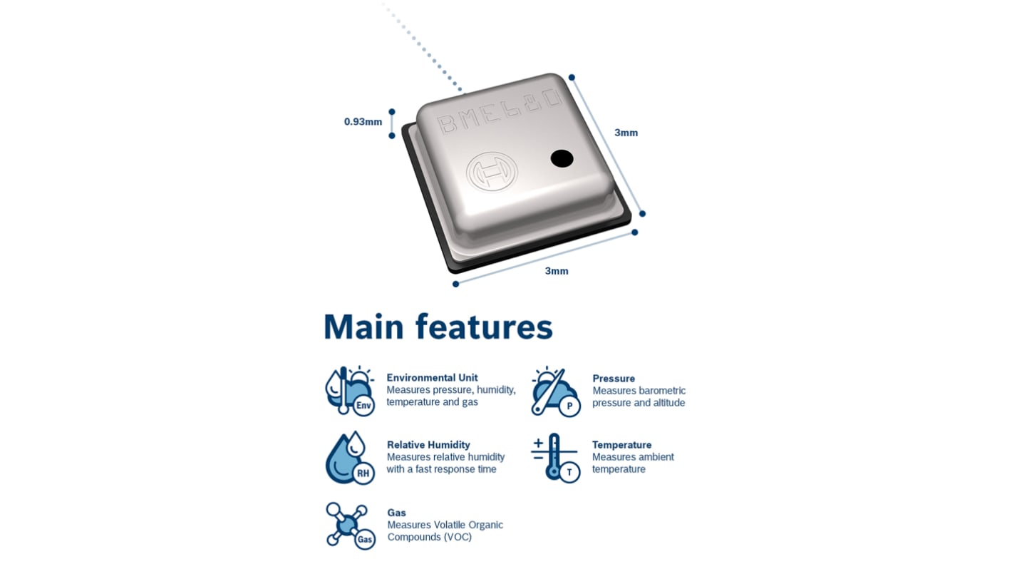 Bosch Sensortec 温湿度传感器芯片, ±0.6 %, ±1°C精度, I2C, SPI接口, 8针, 数字输出, 贴片安装, 最高+85°C, LGA