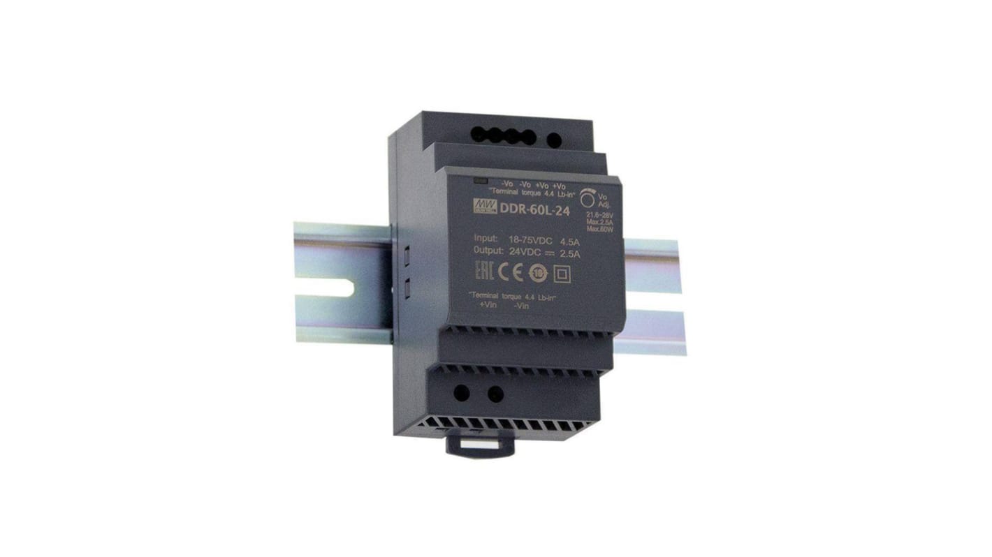 MEAN WELL DDR-60 DC-DC Converter, 15V dc/ 4A Output, 60W, DIN Rail Mount, +85°C Max Temp -40°C Min Temp