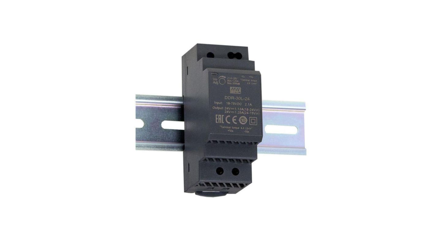 MEAN WELL DDR-30 DC-DC Converter, 15V dc/ 2A Output, 30W, DIN Rail Mount, +85°C Max Temp -40°C Min Temp