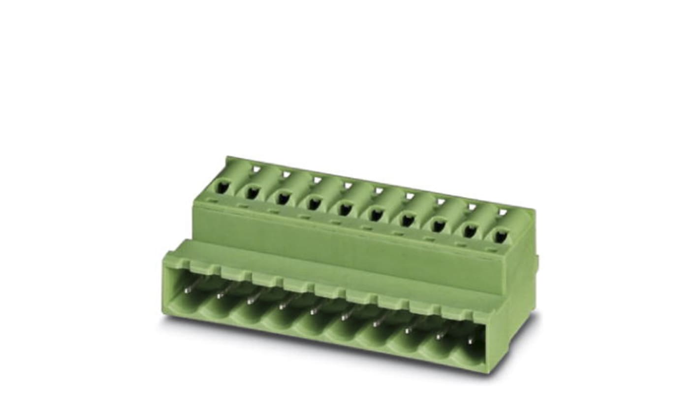 Borne enchufable para PCB Macho Ángulo recto Phoenix Contact de 2 vías , paso 5.08mm, 12A, de color Verde, montaje en