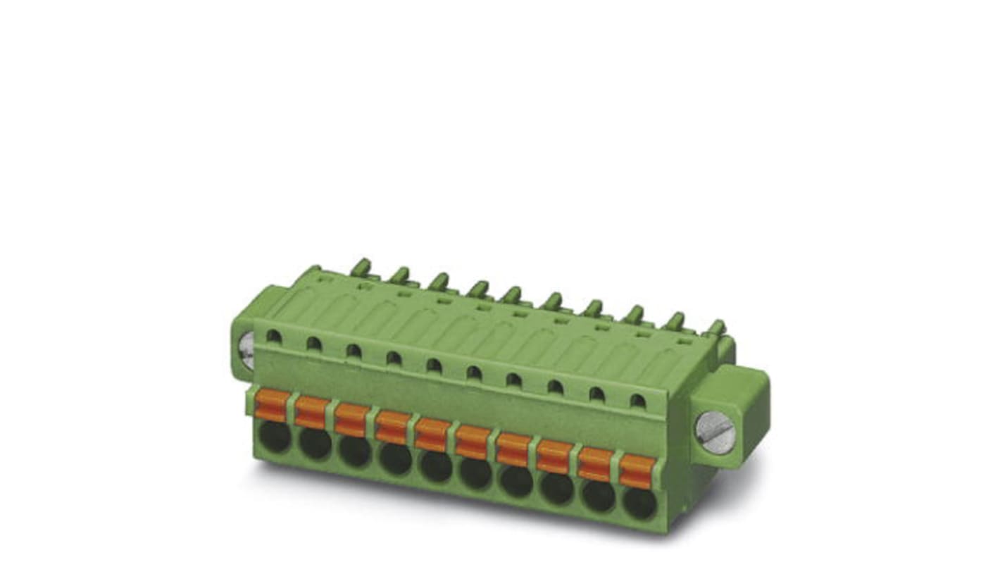 Borne enchufable para PCB Hembra Ángulo recto Phoenix Contact de 10 vías , paso 3.5mm, 8A, de color Verde, montaje en