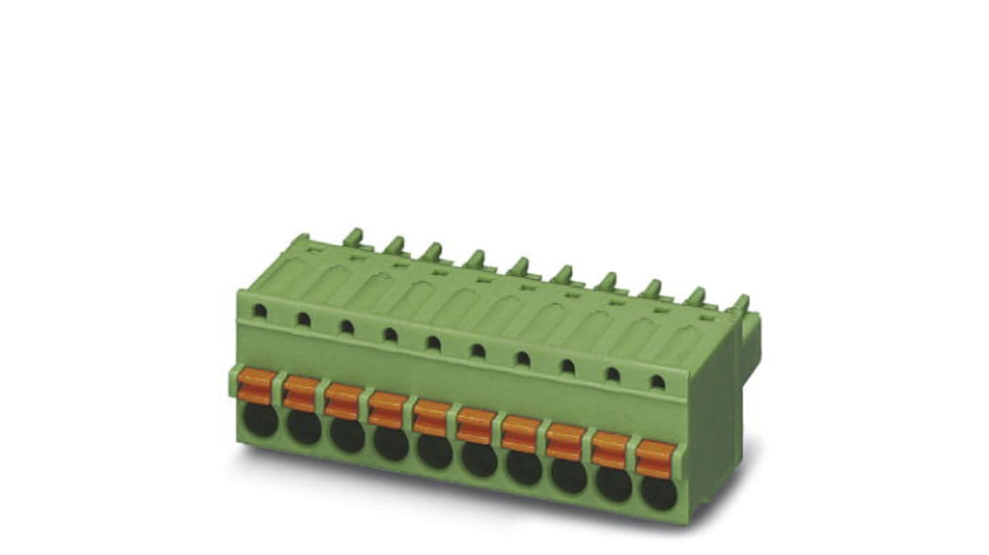 Borne enchufable para PCB Hembra Ángulo recto Phoenix Contact de 4 vías , paso 3.5mm, 8A, de color Verde, montaje en