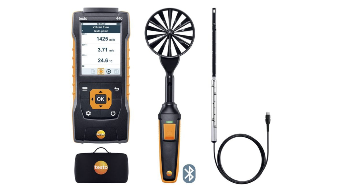 Testo 440 Air Flow ComboKit 1 with Bluetooth Hot Wire, NTC, TC, Vane Anemometer, 35m/s Max, Measures Air Velocity,