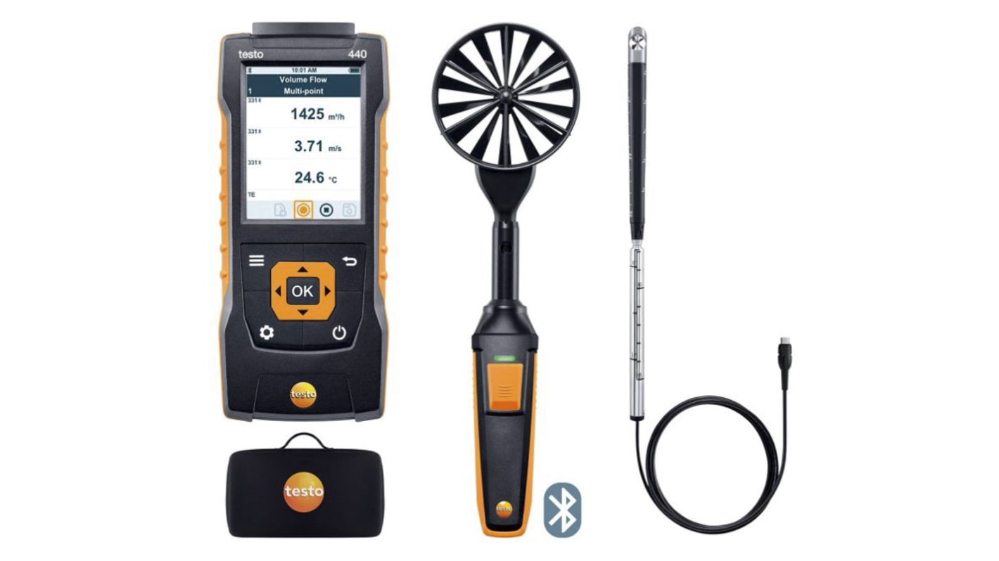 Testo 440 Air Flow ComboKit 2 with Bluetooth NTC, TC, Vane Anemometer, 50m/s Max, Measures Air Velocity, Temperature,