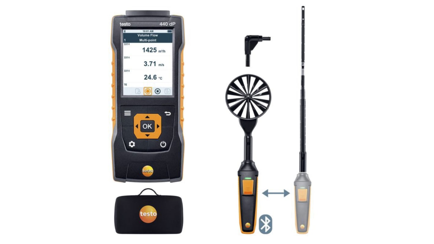 Miernik przepływu powietrza Zestaw ComboKit 1 przepływu powietrza 440 dP z Bluetooth przepływ 50m/s 0.01m/s Testo