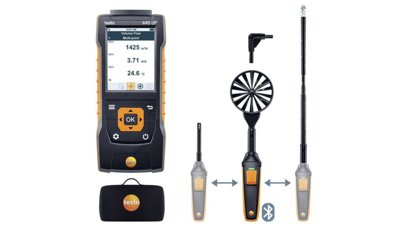 Testo 440 dP Air Flow ComboKit 2 with Bluetooth NTC, TC, Vane Anemometer, 50m/s Max, Measures Air Velocity,