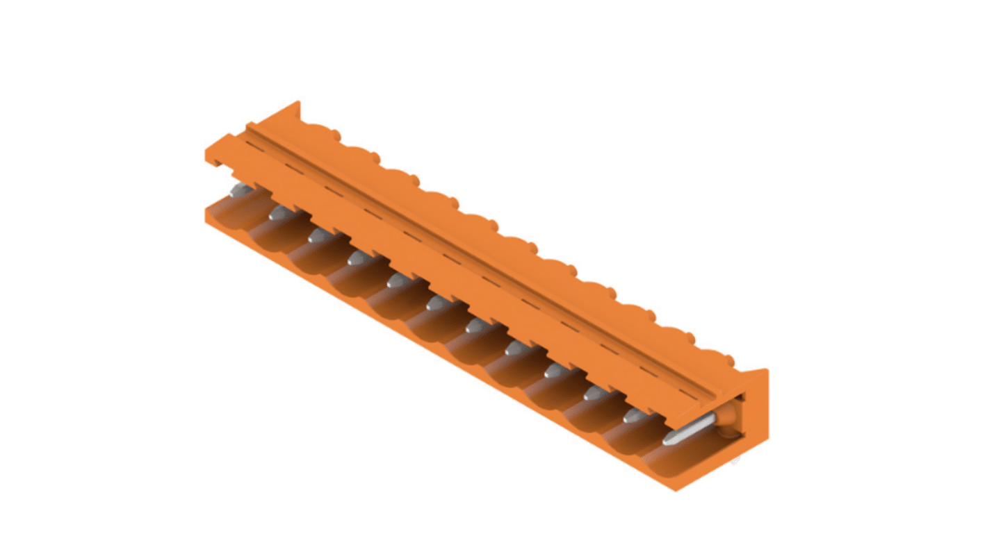 Weidmuller 12p插拔式接线端子 直向排针, 5.08mm间距, 18.5A, 300 V，400 V, THT安装, 焊接端接, 橙色, SL系列