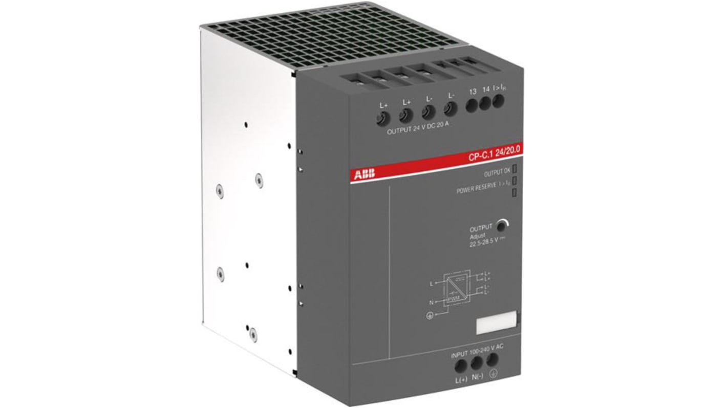 Zasilacz szyny DIN U wy 24V dc I wy 20A U we 100 → 240 V ac / 90 → 300V dc ABB 480W impulsowy