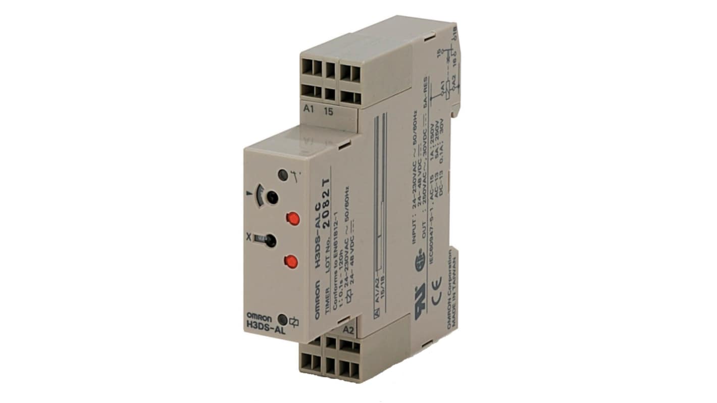 Omron H3DS Series DIN Rail Mount Timer Relay, 24 → 230 V ac, 24 → 48V dc, 2-Contact, 0.1 s → 120h,
