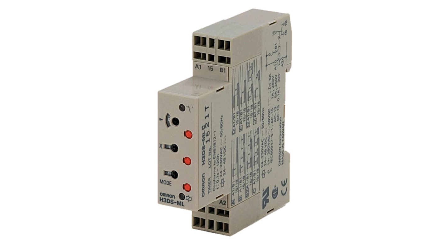 Omron H3DS Series DIN Rail Mount Timer Relay, 24 → 230 V ac, 24 → 48V dc, 2-Contact, 0.1 s → 120h,