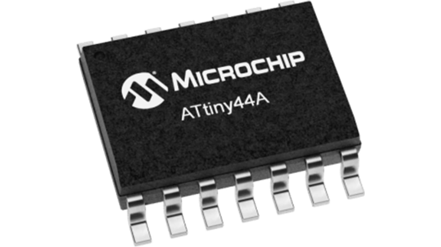 Microcontrolador Microchip ATTINY44A-SSN, núcleo AVR de 8bit, RAM 256 B, 20MHZ, SOIC de 14 pines