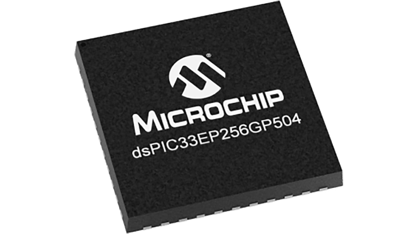 digitális jelprocesszor DSPIC33EP256GP504-I/ML 16bit AEC-Q100 60MHz, 256 kB, Flash, 32 kB RAM, 1 (9 x 12 bit) ADC, CAN,