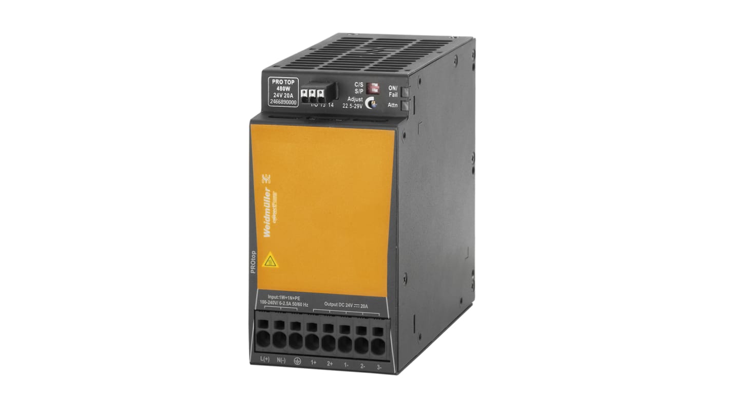 Weidmuller Pro Top Switched Mode DIN Rail Power Supply, 100 → 277 V ac / 120 → 340V dc ac, dc Input, 24V