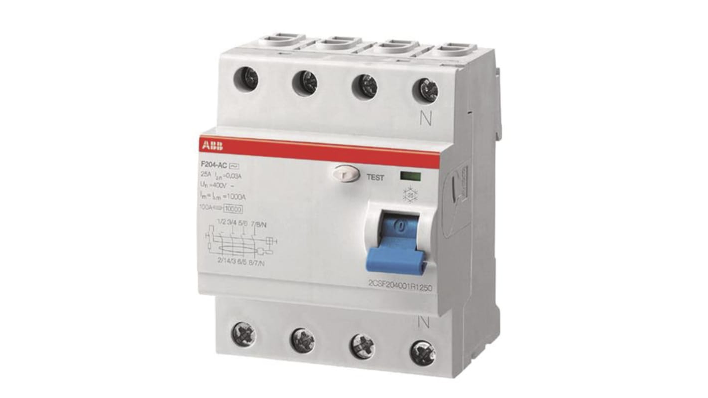 ABB RCCB 4 pólusú A típusú, 25A AP-R, 30mA, F200 sorozat 230/400V ac