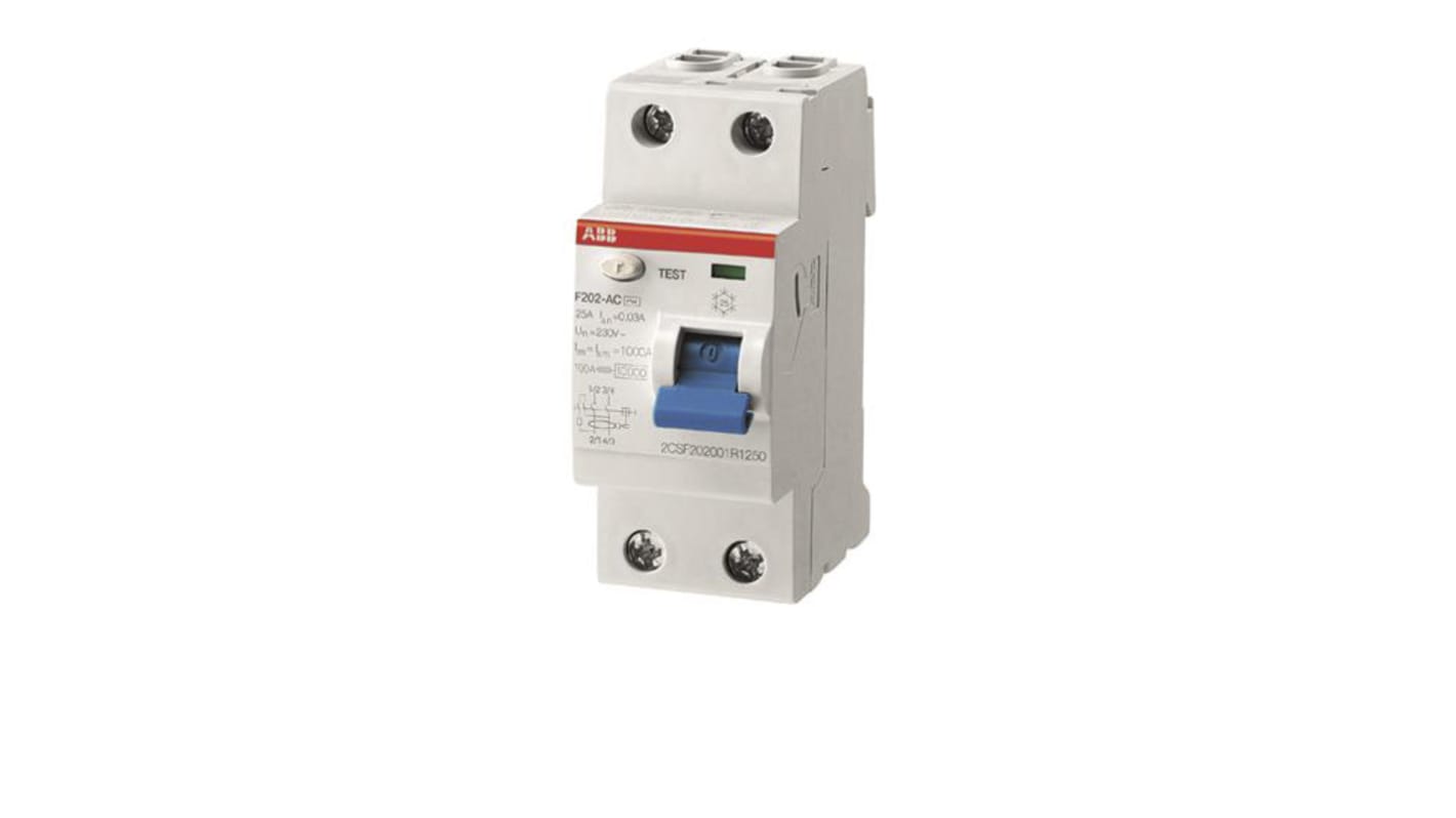 ABB F200 RCCB, 25A, 2 Pole, 30mA, Type A, 110V ac