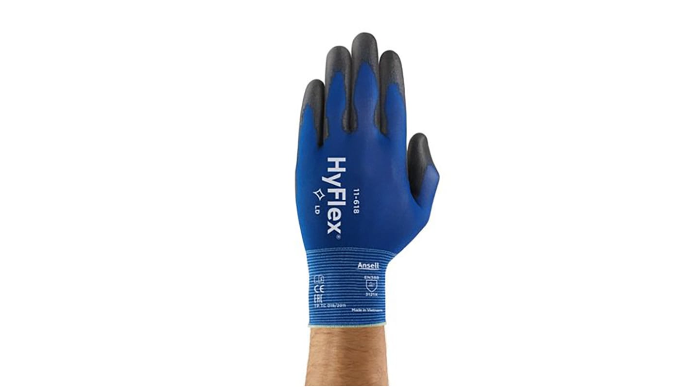 Ansell HyFlex 11-618 Blue Nylon Abrasion Resistant Work Gloves, Size 7, Polyurethane Coating