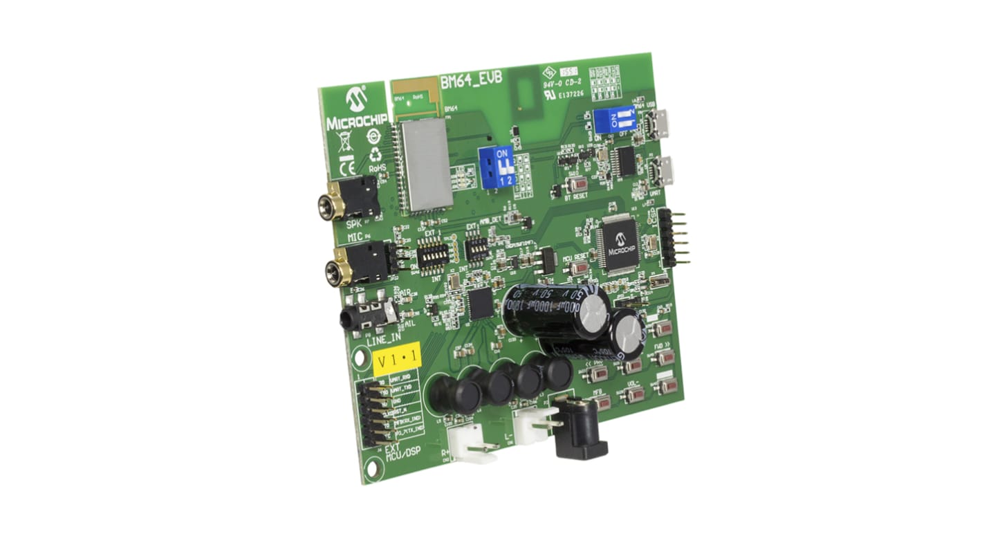 Microchip Entwicklungstool Kommunikation und Drahtlos Entwicklungsplatine für Stereo-Audio-Modul BM64 Klasse 1