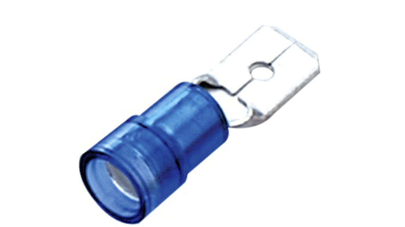 RS PRO Blue Insulated Male Spade Connector, Double Crimp, 0.8 x 6.35mm Tab Size, 1.5mm² to 2.5mm²