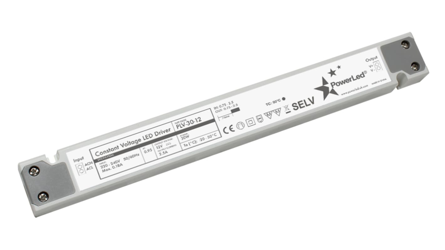 Driver LED tensión constante PowerLED PLV-30 de salidas, IN: 220 → 240 V ac, OUT: 12V, 2.5A, 30W, IP20