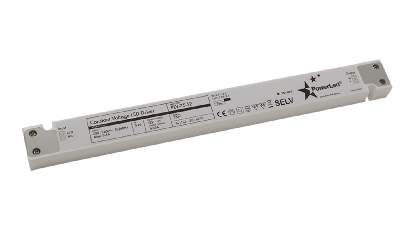 Driver LED tensión constante PowerLED PLV-75 de salidas, IN: 220 → 240 V ac, OUT: 24V, 3.12A, 75W, IP20