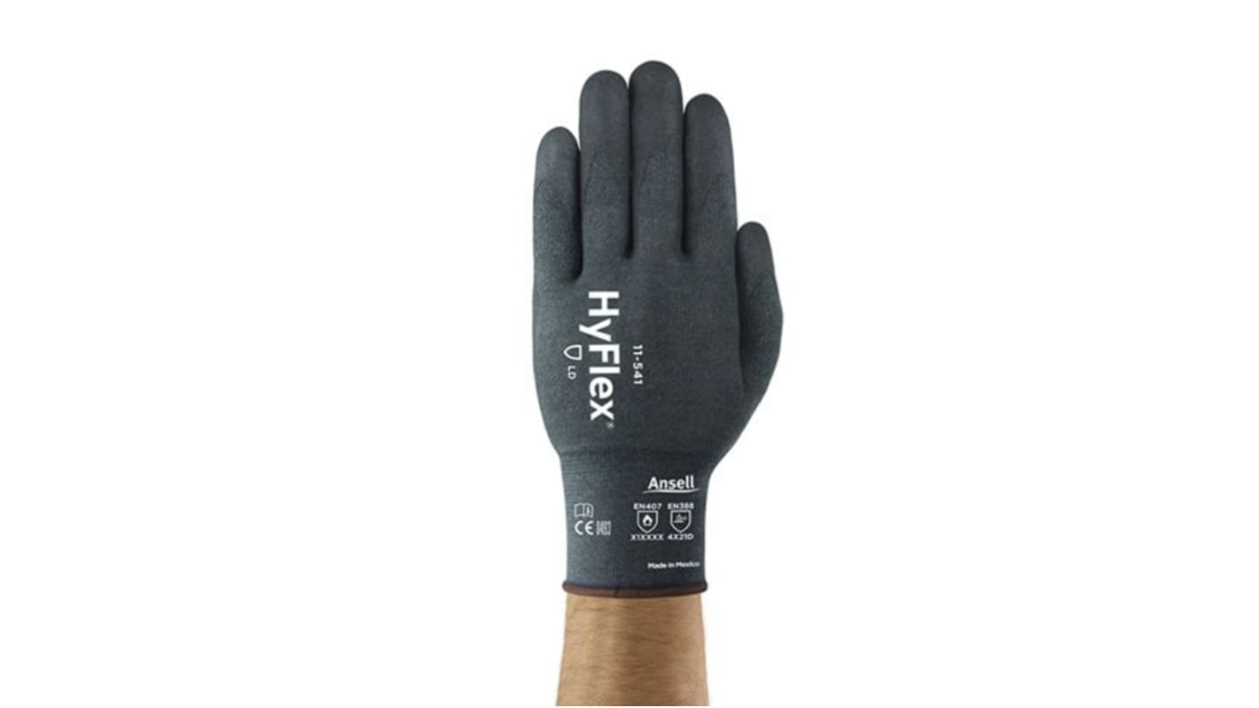 Guantes de trabajo de Kevlar Gris Ansell serie HyFlex 11-541, talla 9, con recubrimiento de Nitrilo, Resistente al calor