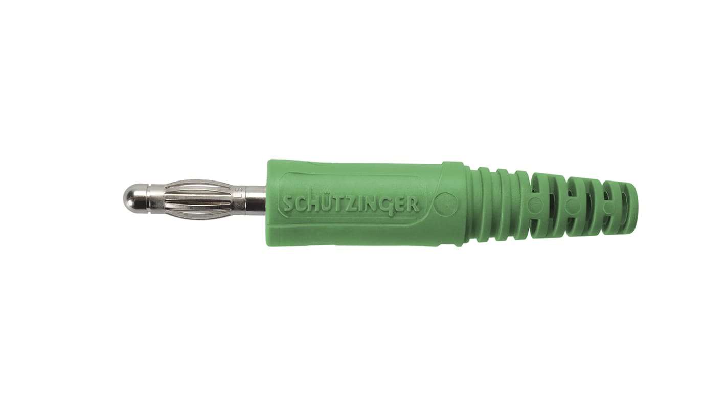 Schutzinger Green Male Banana Plug, 4 mm Connector, Screw Termination, 32A, 33 V ac, 70V dc, Nickel Plating