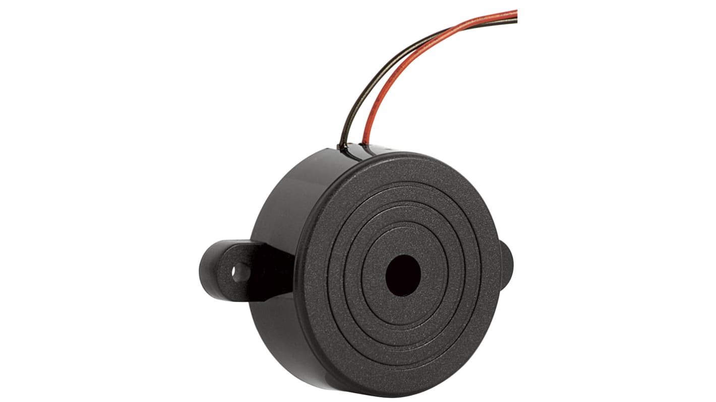 RS PRO 90dB Lead Wire Buzzer Internal Piezo Buzzer, 41.8 (Dia.) x 16mm, 3V dc Min, 28V dc Max