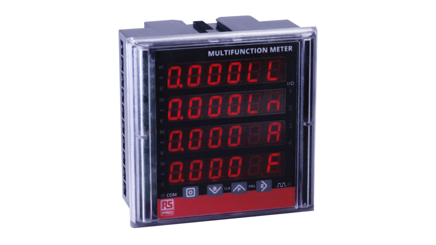Medidor de energía RS PRO, display LED, con 4 (Instantaneous), 6 (Integrated) dígitos, precisión Clase 1, 3 fases, dim.